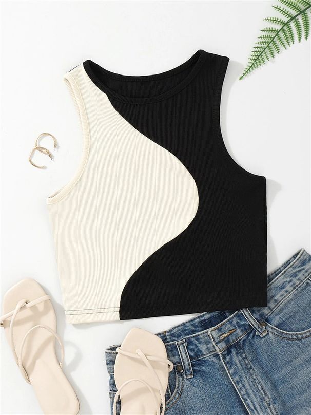 Cross-border Cropped Tank Top With Exposed Midriff, Slim Fit, Contrasting Color Splicing, Slimming, Short Sleeveless_ecoleips.com