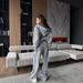 Women's Clothing Washed Distressed Sweater Suit Women's Long Sleeved Zipper Hooded Top Straight High Waist Casual Sweatpants_ecoleips.com
