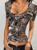 Women's Clothing Fashion Hot Girl Design Retro Camouflage Branch Pattern Extreme U Neck Slim Navel T Shirt_ecoleips.com