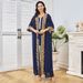 Women's Clothing Modest Abaya Dress Women's Elegant Abaya Dress Set – Long Sleeve Beaded Kaftan With Batwing Sleeves & Belted Wrap (Navy Blue)_ecoleips.com