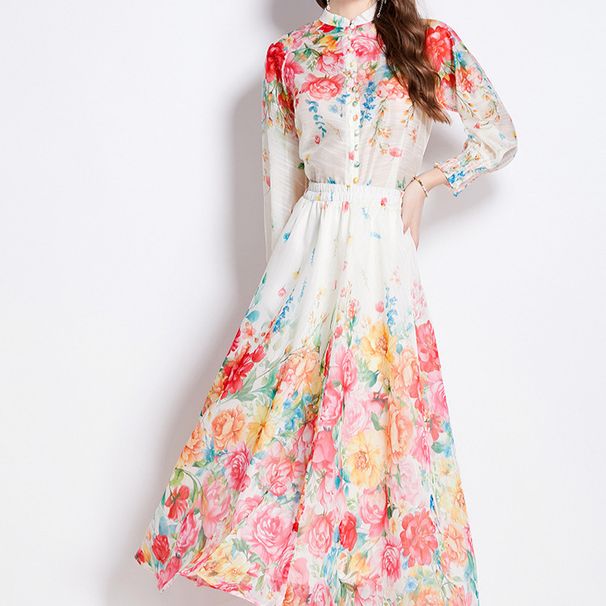 Women's Two-Piece Set Elegant Socialite Lantern Sleeve Button-Up Slim Top High-Waisted Printed Mesh Skirt_ecoleips.com