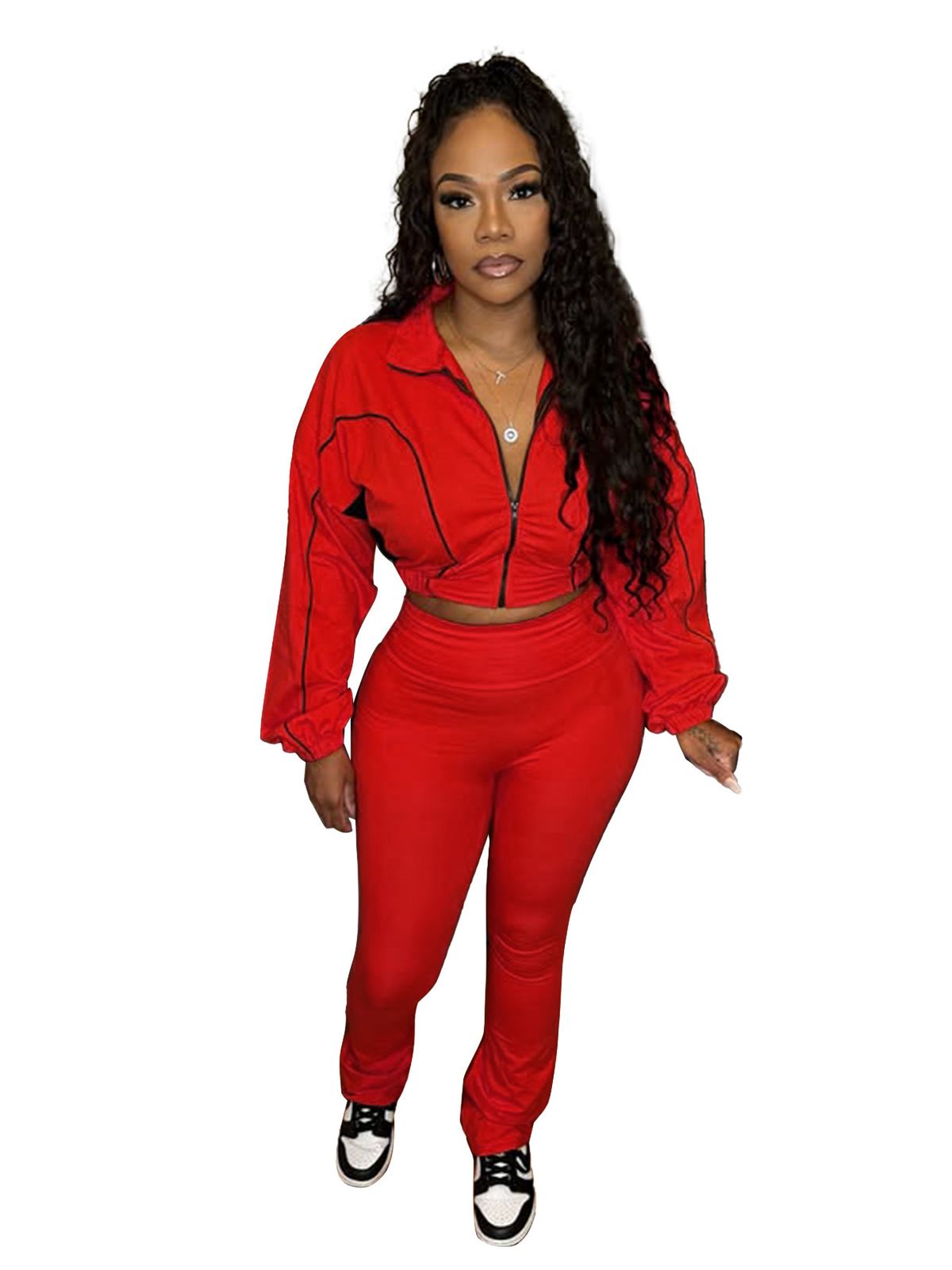 Fashionable Women's Two-Piece Set With Contrast Color Blocking, Ribbed Detailing & Zip-Front Flared Pants – Stylish & Comfortable Outfit_ecoleips.com
