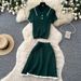 Preppy Style Women's Polo Collar Knit Two Piece Set Slimming Short Sleeve Top Elegant Skirt Set for Summer Commuting_ecoleips.com
