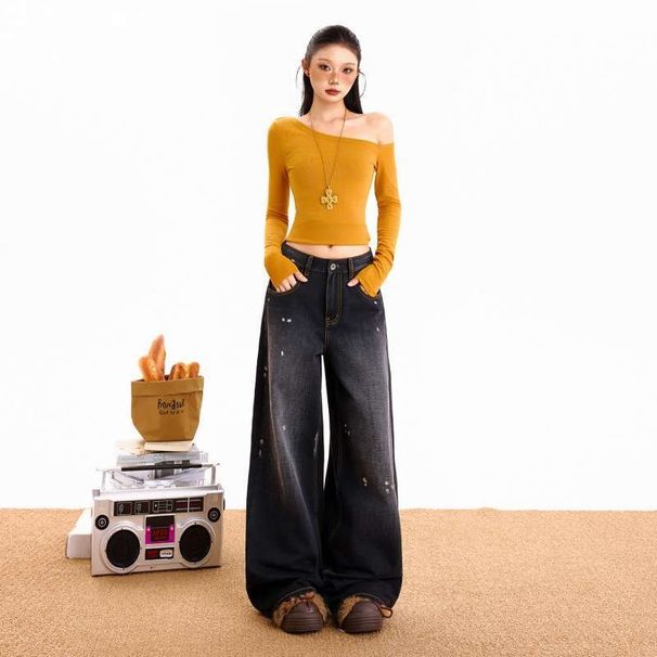 Denim Long Pants With Ink Dot Design, Spotted Fall And Winter Floor-Length Loose Wide-Leg Pants, American Style_ecoleips.com