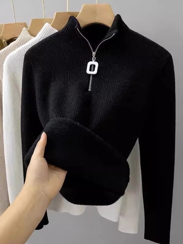 Women's Versatile High Neck Zip up Knit Base Layer Top Fleece Lined Thickened for Autumn Winter Layering with Sweaters_ecoleips.com