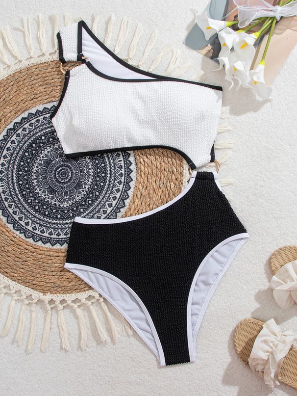 Women's Clothing One Shoulder One Piece Swimsuit Metal Ring Contrast Color Stitching Bikini Swimsuit Set_ecoleips.com