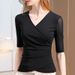 Mesh Bottoming Shirt Women's Spring And Autumn 2026 Women's Cross V-neck Medium-sleeved T-shirt Five-quarter-sleeved Inner Top Slim-fit_ecoleips.com