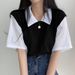 Summer Preppy Style Women's Color Block Polo Collar Top Faux Two Piece Short Sleeve T-Shirt Lazy Loose Casual Versatile_ecoleips.com