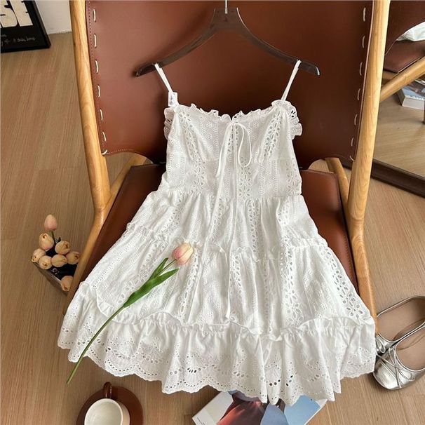 Ruffle Knot Hollow Out Lace Vest Tunic Dress Layering White Versatile Strapless Gown Single Piece Chinese Origin_ecoleips.com