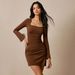 Voya Fashion Square Neck Flared Sleeve Slim Fit High Waist Side Slit Short Brown Ruched Design Dress_ecoleips.com