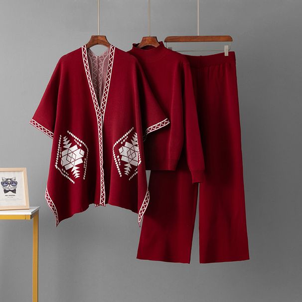 Women's Autumn Winter Knitwear Set Casual Wide Leg Pants Three Piece Outfit with Jacquard Shawl round Neck Top_ecoleips.com