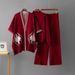Women's Autumn Winter Knitwear Set Casual Wide Leg Pants Three Piece Outfit with Jacquard Shawl round Neck Top_ecoleips.com