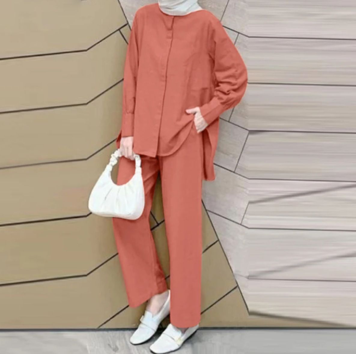 Muslim Clothing 2025 Arabic Style Two-Piece Spring Autumn New Women's Sleeve Shirt And Long Pants Set_ecoleips.com