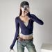 2025 Spring New Hoodie Two Piece Color Blocked Long Sleeve V-neck Slim Short Women's T-shirt Top_ecoleips.com