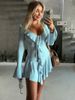 Ruffled Lace-Up White Mini Dress Women's V-Neck Patchwork Long Sleeve Sexy Slim Dress Bandage Elegant Female Summer Dress HT81_ecoleips.com