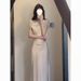 French Style Elegant High-End Swing Collar Aymmetric Shoulder Wait-Cinching Bodycon Acetate Satin Summer New Long_ecoleips.com