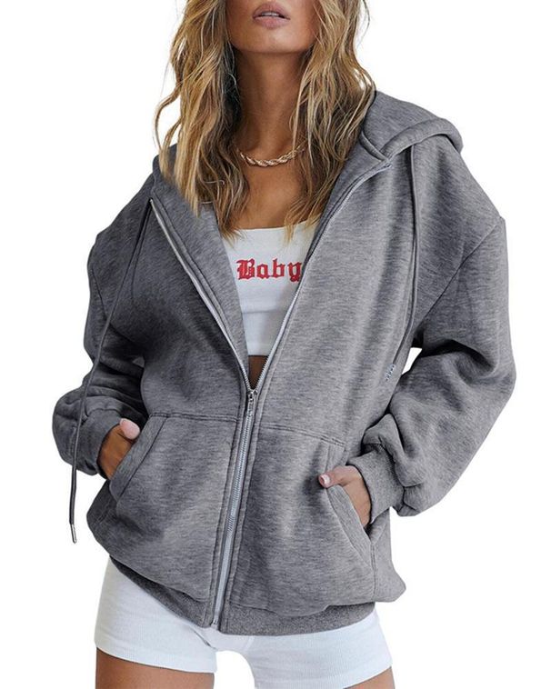 Women's Cute Hooded Zip-Up Jacket Oversized Sweatshirt With Drawstring Casual Pullover Thick Warm Cozy Fall Outerwear For Teen Girls_ecoleips.com