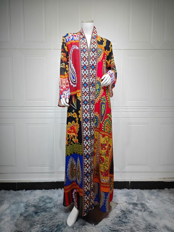 Elegant Ethnic Print V-Neck Long Sleeve Chiffon Maxi Dress – Flowy Boho Style For Women Breathable & Lightweight_ecoleips.com
