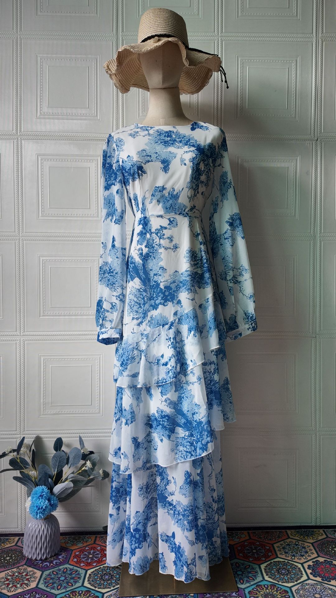 Modest Abaya Dress Women's Floral Print Chiffon Dress Spring Season Designed_ecoleips.com
