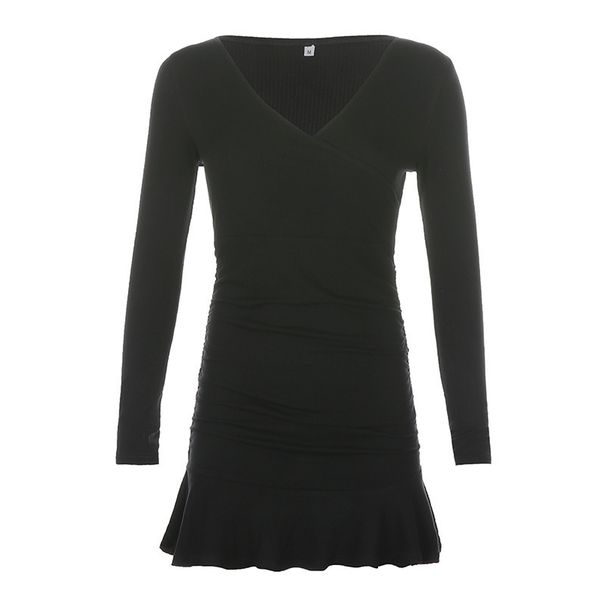 Manufacturer Export European And American Women's Fashion 2022 Autumn Winter New V-neck Pleated Slim Fit Ruffled Long_ecoleips.com