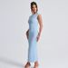 Summer Blue Solid Color Women's Dress Sleeveless Slim High Waist Slit Wholesale Polyester European American Style 2025_ecoleips.com