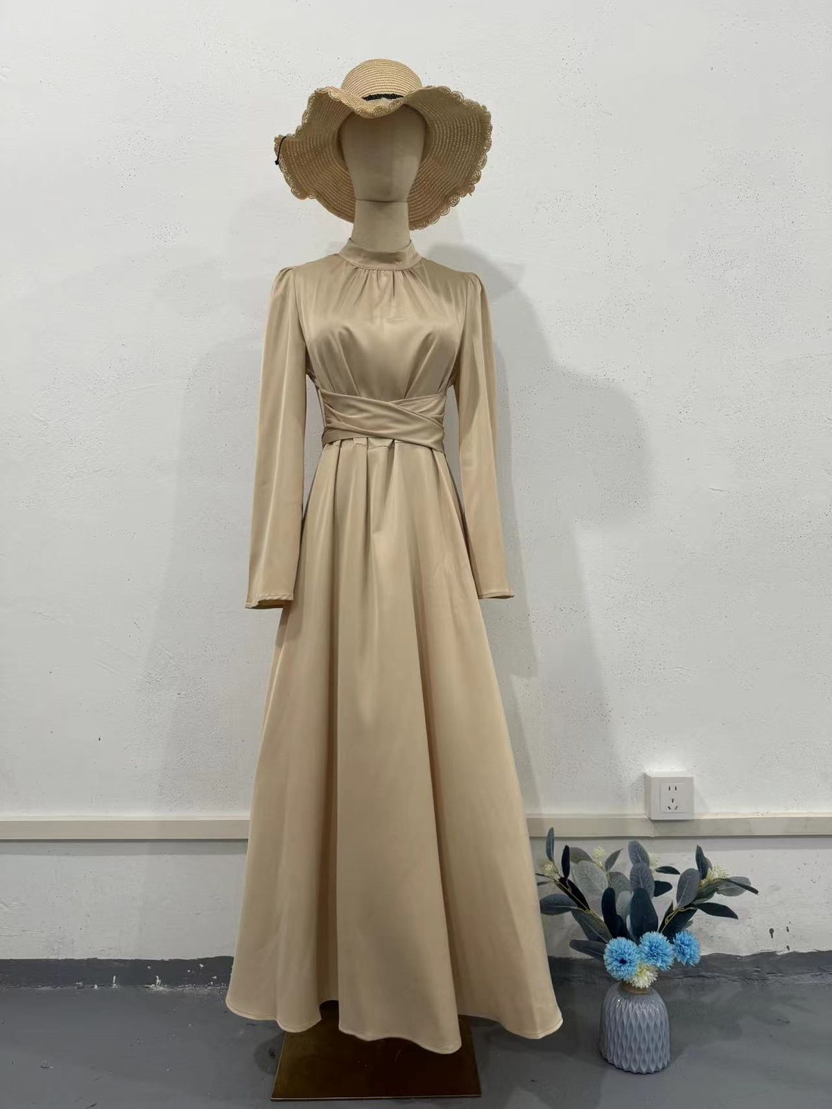 Spring Solid Color Satin Slimming Dress Lace-Up Princess Style European American Design Cotton Polyester Women's Clothing_ecoleips.com