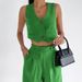Women's Clothing Straight Summer Slim V Neck Sleeveless Top Vest Two Sets Trousers Cotton Linen Women_ecoleips.com