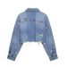 Distressed Denim Shirt Jacket For Women - Stylish Cropped Casual Top With Ripped Details (XS/S/M/L, Blue)_ecoleips.com