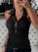 New Solid Color Ribbed Lapel Zipper Vest Women's Fashion Casual T Shirt Women's Clothing_ecoleips.com