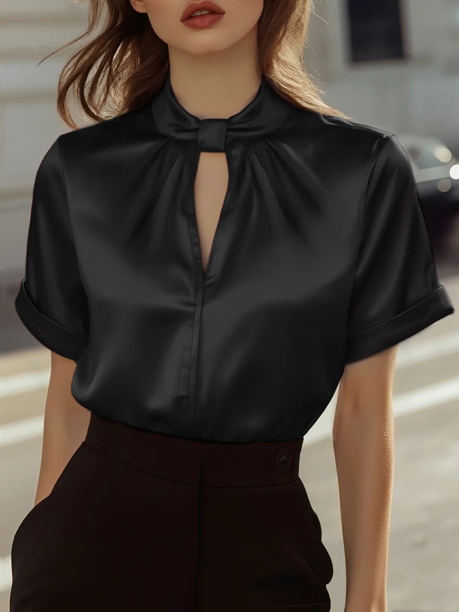 Independent Women's Slim Fit Solid Color Satin Short Sleeve Shirt Casual Comfortable Blouse_ecoleips.com