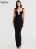 Hugcitar Elegant Solid Straps Sleeveless Backless Metal Loop Draped Slit Maxi Dress Summer Women Clothes Evening Party Vacation_ecoleips.com