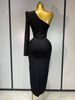 Elegant Luxury Black Bandage Party Dress Single Sleeve Cut Out White Pearl Embroidery Flower Midi Long Evening Prom Gowns SLN8_ecoleips.com