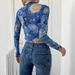 Women's Blue Printed Stand Collar Starry Sky Mesh Short T-Shirt Top Autumn New_ecoleips.com