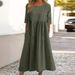 Spring Summer New Women's Casual Loose Long Dress 2023 round Neck 5 Sleeve plus Size Solid Color Cotton Cross Border Trade_ecoleips.com