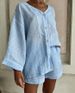 Women's Spring/Summer Two Piece Set Cotton Linen Solid Color Cardigan Long Sleeve Button Detail Shorts with Pockets European American Style_ecoleips.com