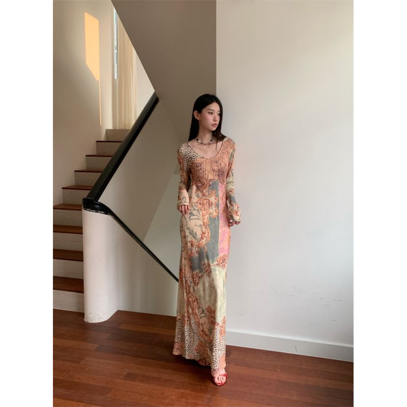 Elegant Dress With Irregular Printed Long Skirt For Women_ecoleips.com