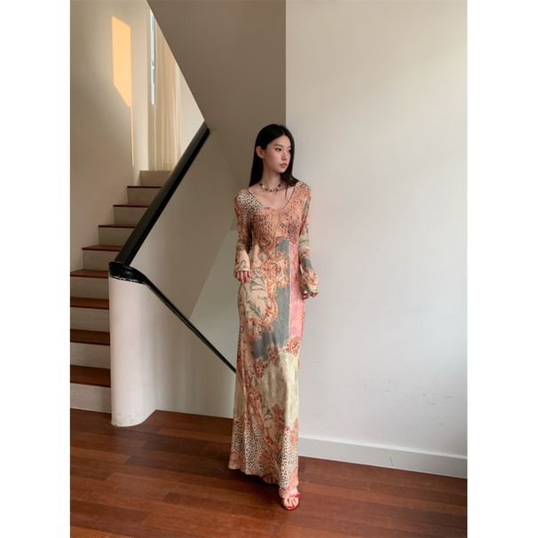 Elegant Dress With Irregular Printed Long Skirt For Women_ecoleips.com