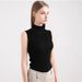 Black Sleeveless Autumn And Winter Vest For Women, Thin, Stand-up Cut-sleeve, Semi-high Collar, Knitted Top,_ecoleips.com