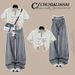 Retro Cartoon Print & Checkered Patchwork Short-Sleeve Top + Lace Trim Jeans Set – Vintage-Inspired Casual Outfit_ecoleips.com