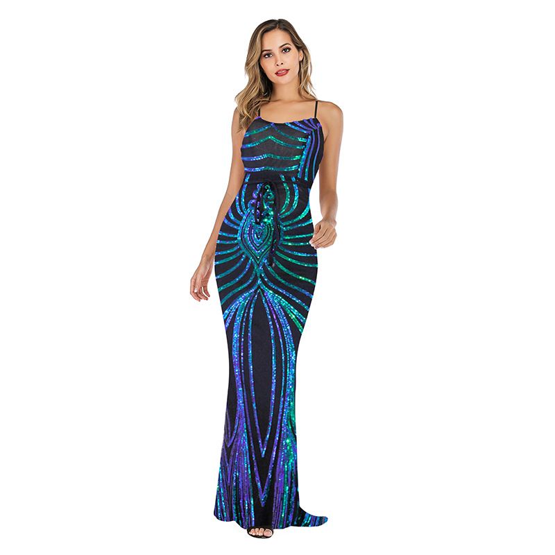 sexy Backless Sequined Long Dress New Suspender Style Stretch Dress_ecoleips.com