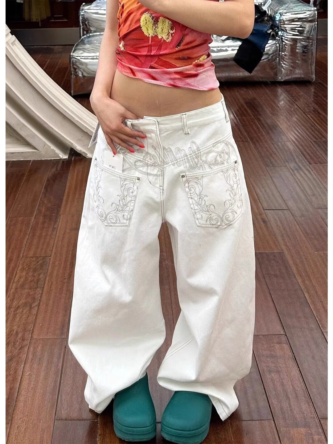 Unisex Punk Style Embroidered Jeans – Oversized Streetwear Denim Pants With Edgy Print (White, S-3XL)_ecoleips.com