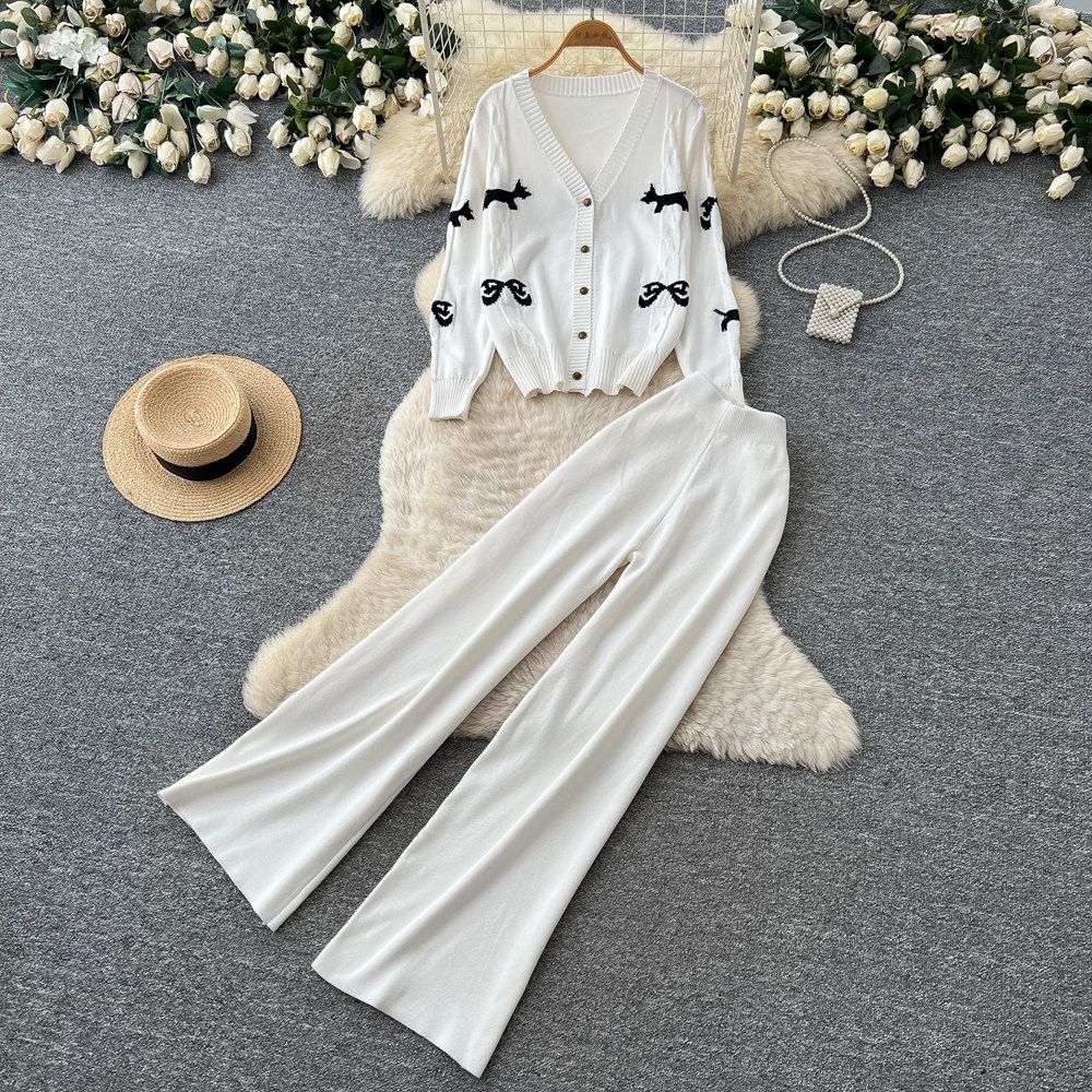 Women's European American Style V Neck Cardigan Top Wide Leg Trousers Knit Two Piece Set Slim Fit Elegant Autumn Winter_ecoleips.com