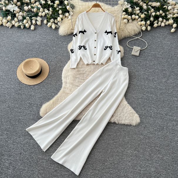 Women's European American Style V Neck Cardigan Top Wide Leg Trousers Knit Two Piece Set Slim Fit Elegant Autumn Winter_ecoleips.com