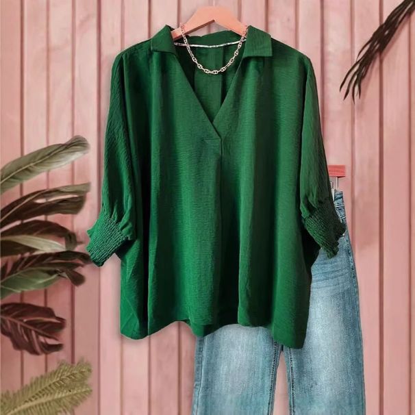 Verve 2025 Women's V-neck Casual Loose Three-quarter Lantern Sleeve Shirt Top_ecoleips.com