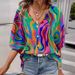 Fashion Printed Women's Clothing Elegant Bat Sleeve Loose Shirt Button V Neck Top_ecoleips.com