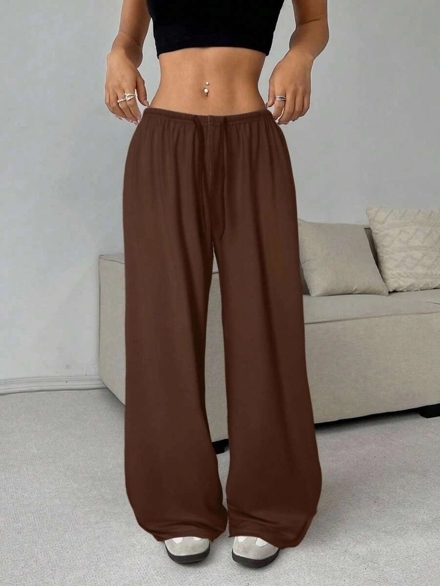Women's Solid Color Wide Leg Casual Pants Elastic Waist Tie Trousers Independent Station European And American Style Clothing_ecoleips.com