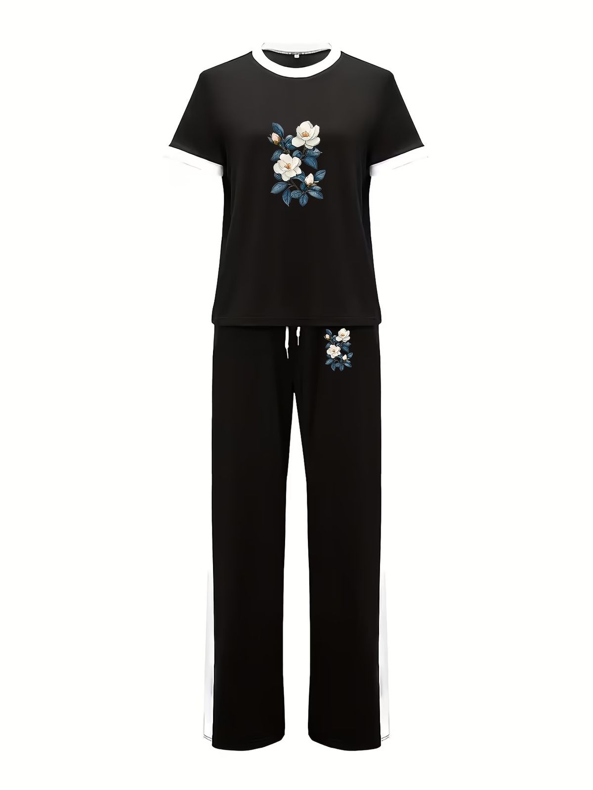 Blue And White Floral Print Color Block Women's Suit Unique Healing Pattern Casual Fashion Pant Set for Spring/Autumn_ecoleips.com