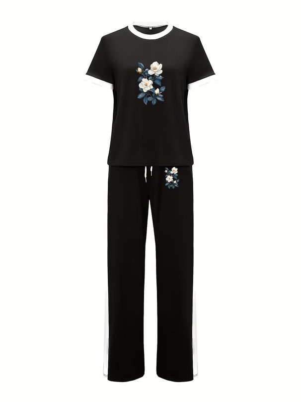 Blue And White Floral Print Color Block Women's Suit Unique Healing Pattern Casual Fashion Pant Set for Spring/Autumn_ecoleips.com