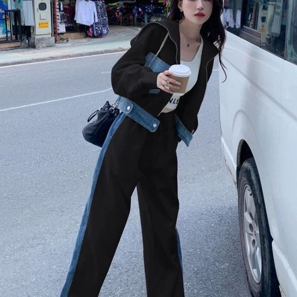 Women's Autumn White Denim Splicing Sports Suit Casual Hooded Cardigan Fashionable Two Piece Set Reducing Age_ecoleips.com