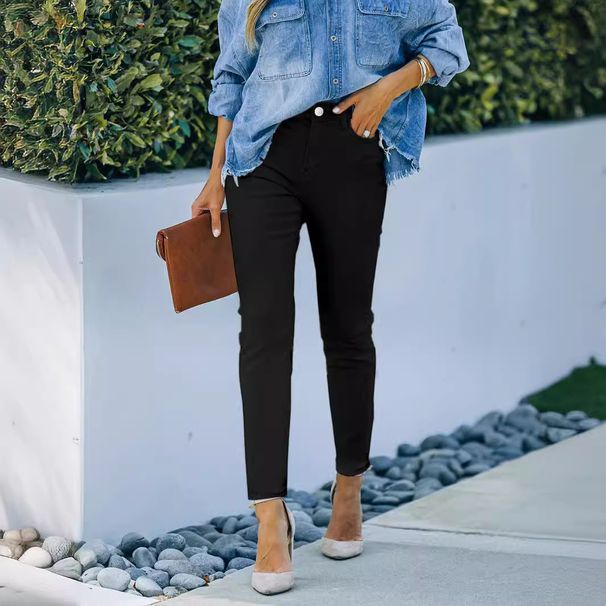 Women's Clothing White Skinny Jeans For Women Casual Solid Color Denim Jeans Regular Fit Spring/Autumn Summer Polyester_ecoleips.com